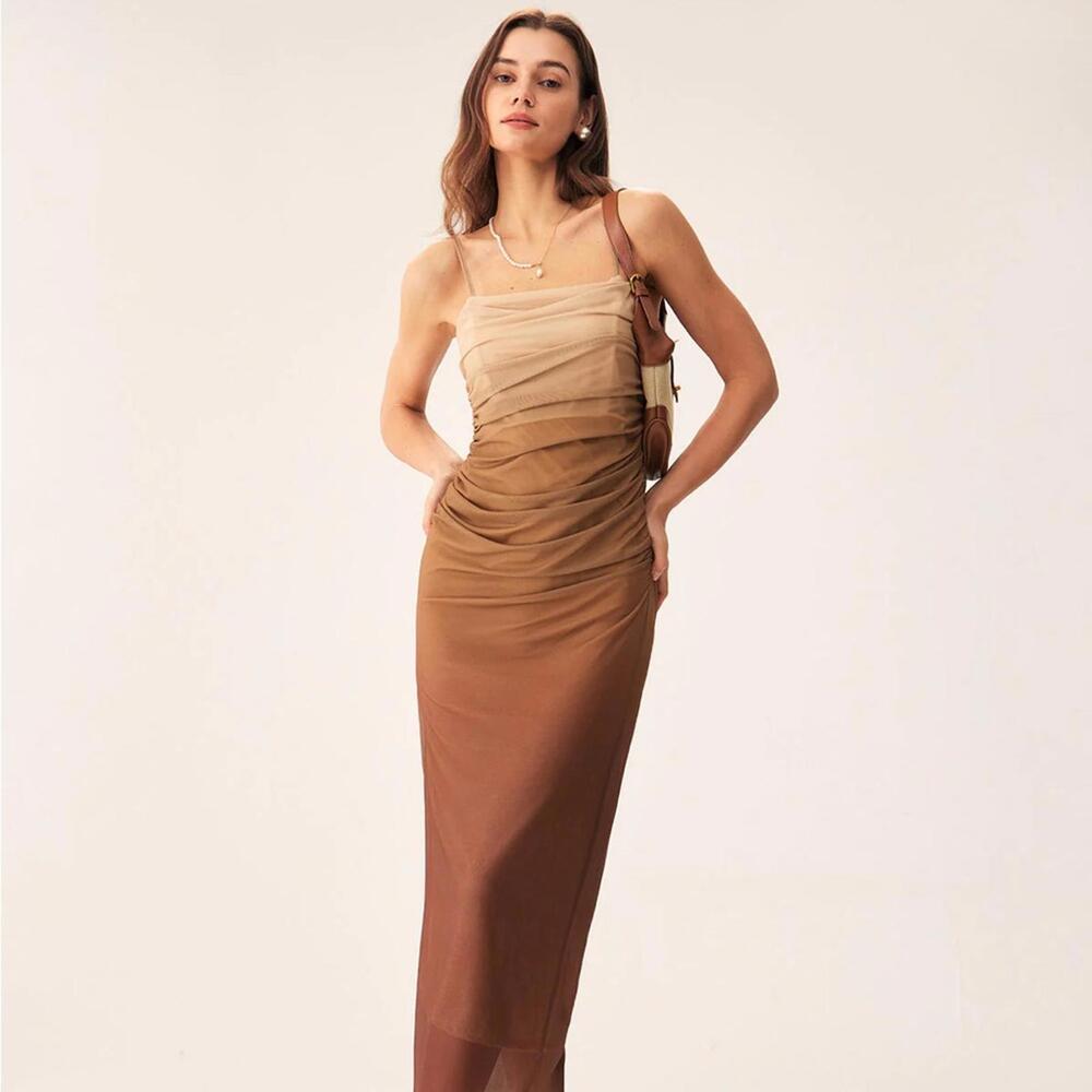 RIHOAS Brown Ruched Mesh Slip Midi Dress M